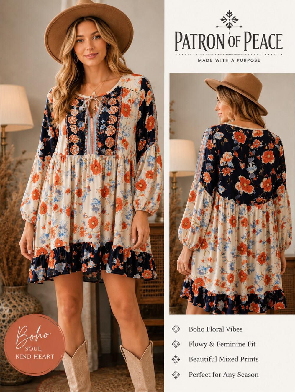 Patrons of Peace Floral Boho Tunic Dress Floral Print Ruffle Size Small